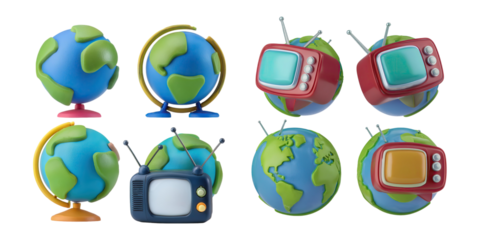 Colorful Globes and Vintage TV Models, PNG collection, set bundle, isolate on transparent or white background