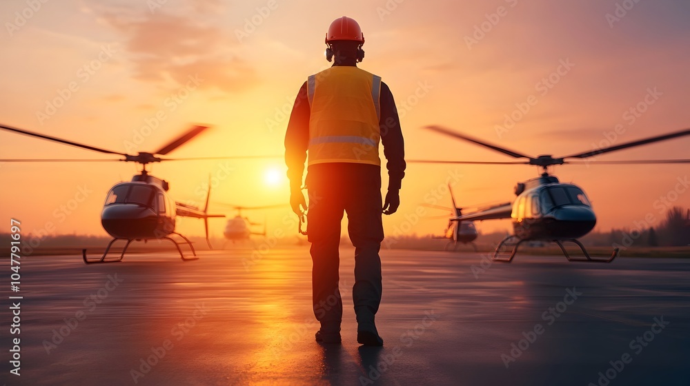 Poster technicians performing comprehensive maintenance checks on multiple helicopters parked on an open ai