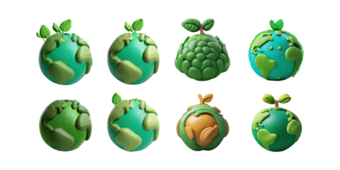 Variety of Cartoon Earth Icons for Environmental Themes, PNG collection, set bundle, isolate on transparent or white background