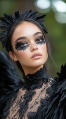 Dark Angel Woman with Black Wings and Striking Makeup