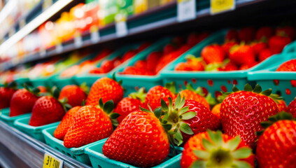 Fresh Strawberries in Green Baskets at a Grocery Store