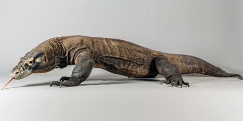 Komodo Dragon is seen in a walking position highlighting its rough skin and forked tongue. The striking contrast with the white background emphasizes its formidable presence.