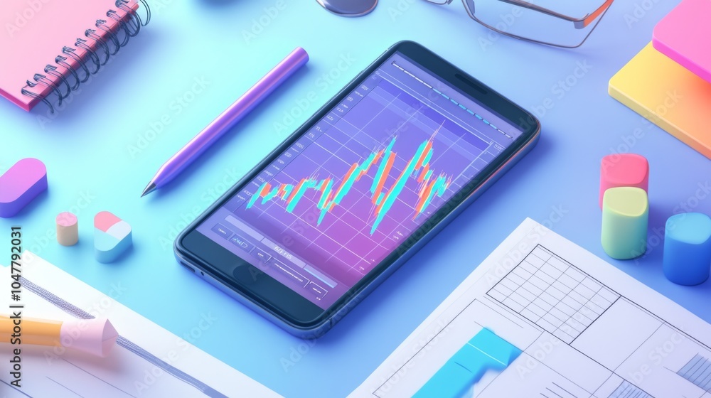 Poster modern phone with graphs on colorful workspace
