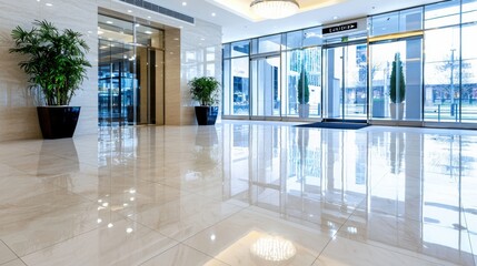 Fototapeta premium Bright and Spacious Corporate Lobby with Glass Walls and Minimalist Interior Design