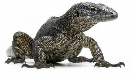 Obraz premium Lace Monitor lizard moves confidently with its distinctive patterned scales clearly visible. It is elegantly posed against a stark white backdrop showcasing its unique features.