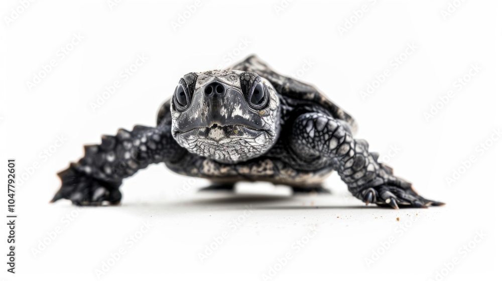 Poster tiny leatherback sea turtle hatchling is making its way across a bright white surface highlighted by
