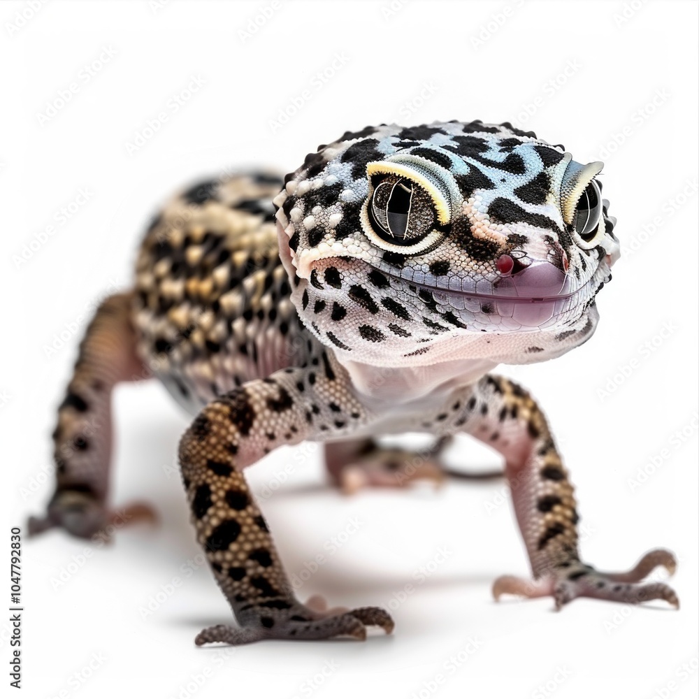 Poster the leopard gecko with its striking spotted patterns and bright eyes confidently walks on a clean wh