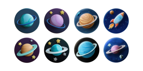 Colorful Cartoon Planets and Rocket in Space Graphics, PNG collection, set bundle, isolate on transparent or white background