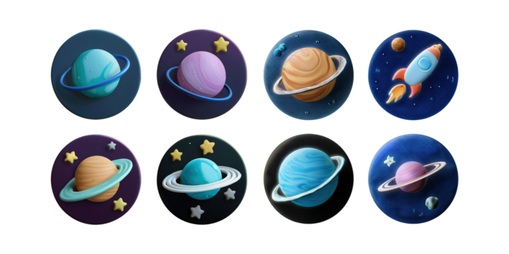 Colorful Cartoon Planets and Rocket in Space Graphics, PNG collection, set bundle, isolate on transparent or white background
