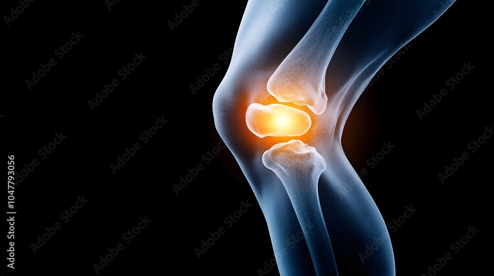 Poster detailed x ray image of a knee joint in blue shades with the area of inflammation glowing in yellow 