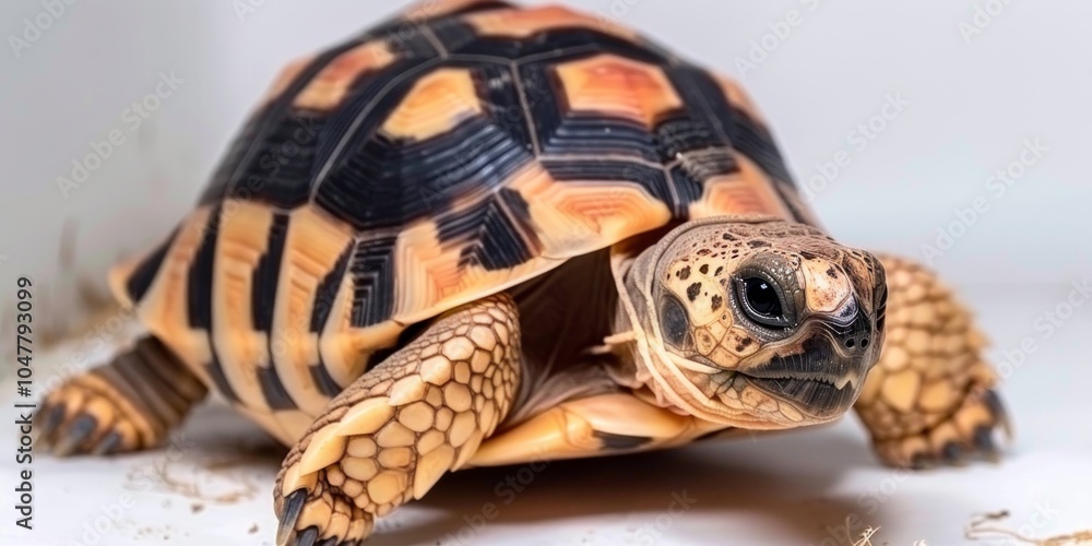 Poster leopard tortoise showcases its unique spotted shell while standing in bright lighting against a clea