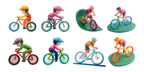 Colorful Cartoon Bicyclists on Various Terrain, PNG collection, set bundle, isolate on transparent or white background