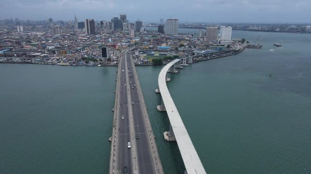 The Third Mainland Bridge with cars passing over it, and the river below, in Lagos, Nigeria