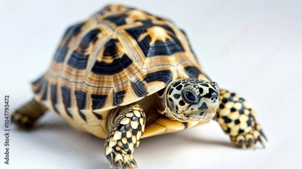 Poster leopard tortoise is prominently displayed with its beautiful spotted shell against a white backdrop.