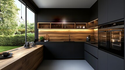 Combination of black and wood in modern kitchen with built in appliances. Modern kitchen. Ultra realistic. Photorealistic