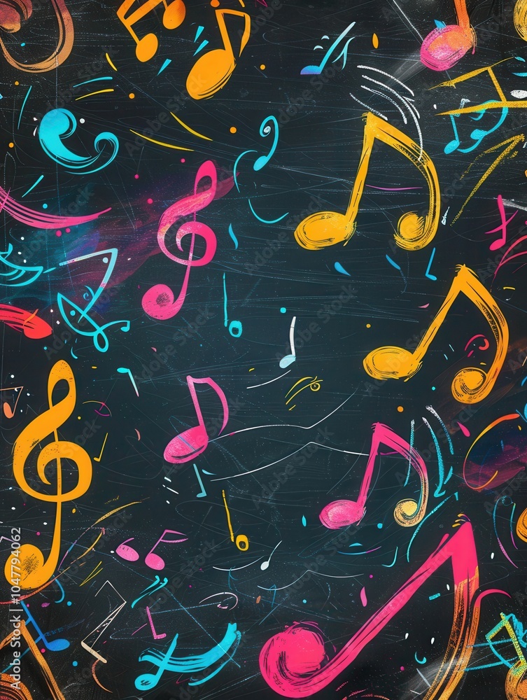 Poster a chalkboard displays a joyful mix of colorful brushstrokes intertwined with musical notes and symbo