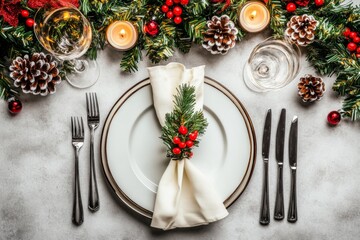 Christmas table setting with pine branch, berries, and white napkin. Candles and pinecones add a festive touch to this cozy holiday setup.