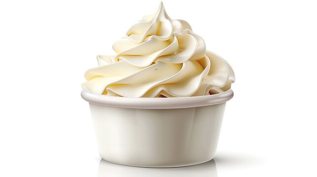 Close-up of a small cup of whipped cream with a swirl on top, isolated on a white background.