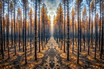 Obraz premium Symmetrical forest fire devastation in dense woodland