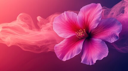 A single pink hibiscus flower with pink smoke behind it on a gradient background.
