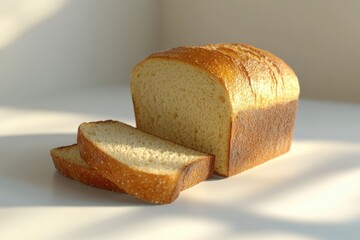 Sliced loaf of bread resting on white table