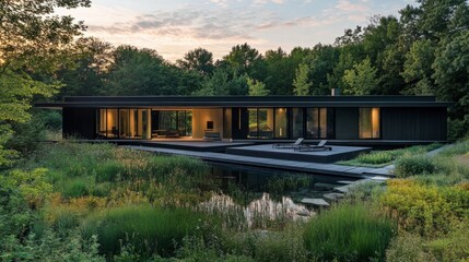 Obraz premium Modern House Surrounded by Nature at Sunset