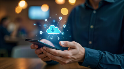 A person uses a smartphone to access cloud services, with a vibrant cloud icon and data symbols floating above. Ideal for tech marketing, digital services, and cloud computing promotions