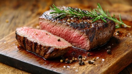 Juicy Steak on Wooden Board with Rosemary Garnish