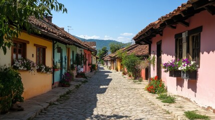Fototapeta premium Charming Cobblestone Street in Colorful Village