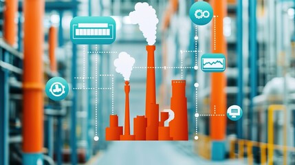 The image depicts an industrial setting with smokestacks emitting steam, combined with digital icons representing data and analytics.