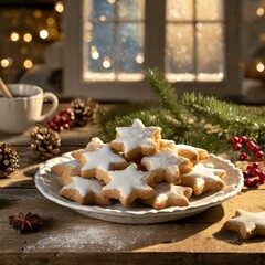 Fototapeta premium Zimtsterne cookies on a rustic table, sunlit kitchen, festive decor, cozy holiday atmosphere.