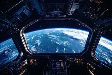 Spaceship cockpit pointing at earth during orbiting mission