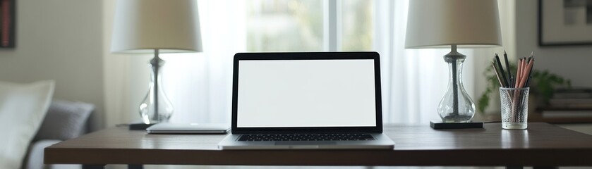 Laptop with blank screen on a wooden desk with two lamps.