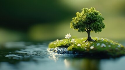 A small island with a tree and flower in a stream.