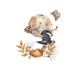 Broom and witch hat, moon, grass and butterflies watercolor illustration, fairytale attributes for Halloween party decoration, isolated from background. Flying fairy car. Design concept for poster,