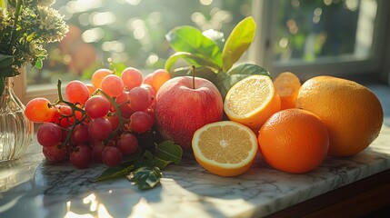 A vibrant assortment of fresh fruits arranged on a marble surface, illuminated by sunlight.
