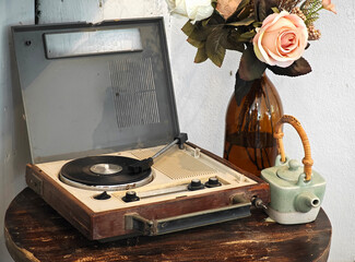 vintage record player on table