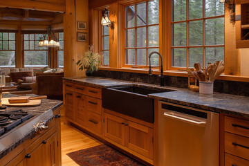 Wooden Appliances and Rustic Charm: Cozy Mountain Cabin Kitchen Evokes Warmth and Comfort