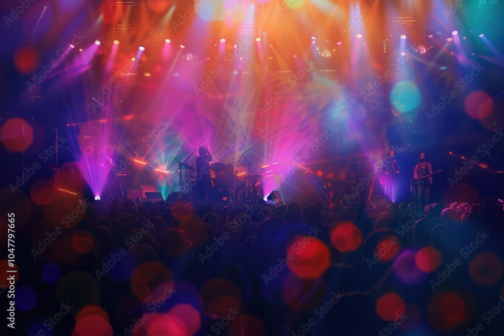 Poster musicians perform energetically on stage while the enthusiastic crowd enjoys the colorful light show
