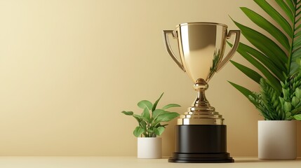 Fototapeta premium A gold trophy on a wooden base, surrounded by plants in white pots, against a beige backdrop.