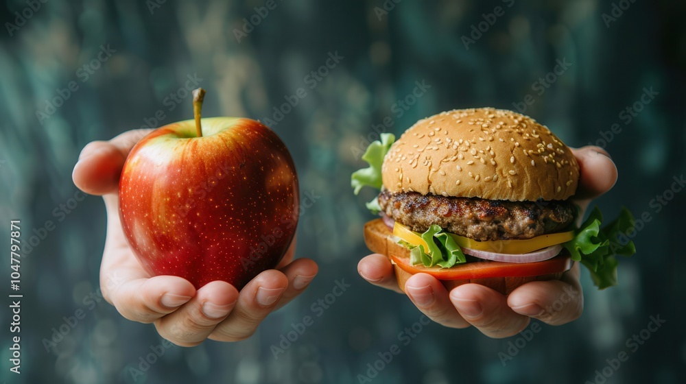 Aufkleber one hand displays a vibrant apple while the other holds a hamburger, symbolizing the contrast betwee