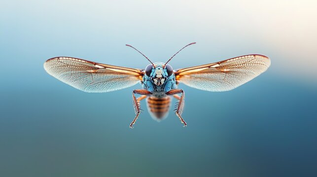 A vibrant, close-up view of a colorful insect with intricate wings, showcasing its detailed features against a soft backdrop.