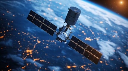 A detailed satellite orbits Earth, showcasing solar panels and advanced technology against a backdrop of the planet's illuminated surface.