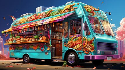 A brightly colored food truck with a variety of food items on display.