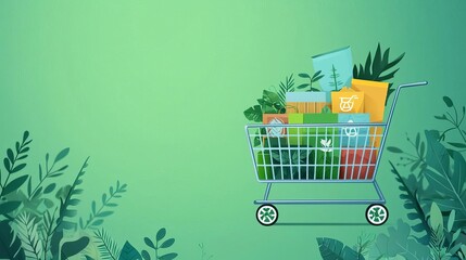 Green Monday Green Monday cart filled with eco-friendly goods, flat design illustration