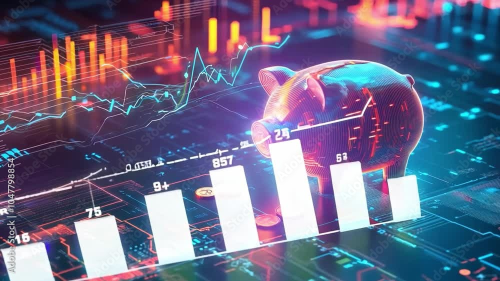 Aufkleber digital finance concept with glowing piggy bank on a futuristic interface showing financial data and