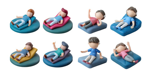 Fototapeta premium Illustrations of Cartoon Characters Relaxing on Cushions, PNG collection, set bundle, isolate on transparent or white background