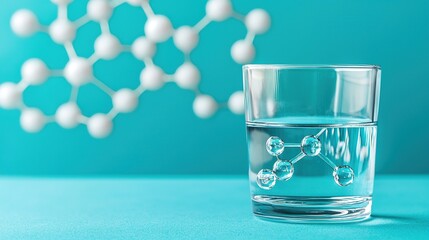 A clear glass of water rests on a vibrant blue surface, with a molecular structure in the background, symbolizing chemistry and science.