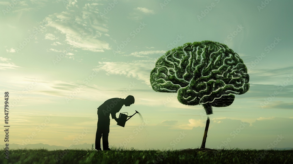 Aufkleber a man is watering a tree that resembles a human brain, representing the nurturing of intellect and t