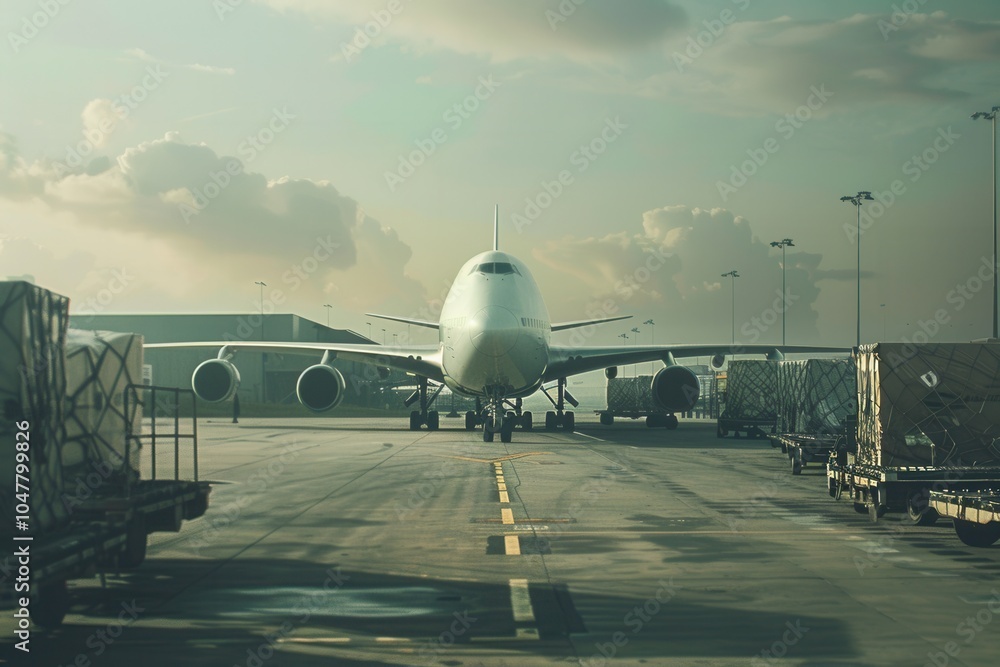 Poster a large cargo airplane is positioned on the runway, surrounded by equipment for loading and unloadin